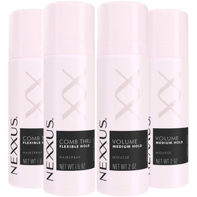 Nexxus front packaging of travel styling bundle showing compact bottles and elegant design