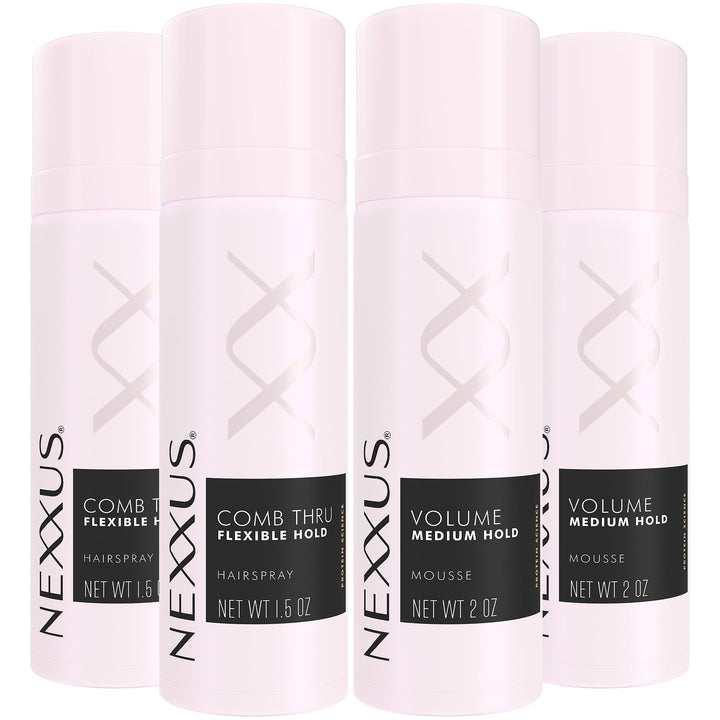 Nexxus front packaging of travel styling bundle showing compact bottles and elegant design