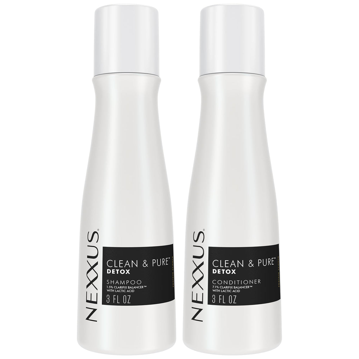 Nexxus front packaging travel shampoo and conditioner showing bottle design and brand