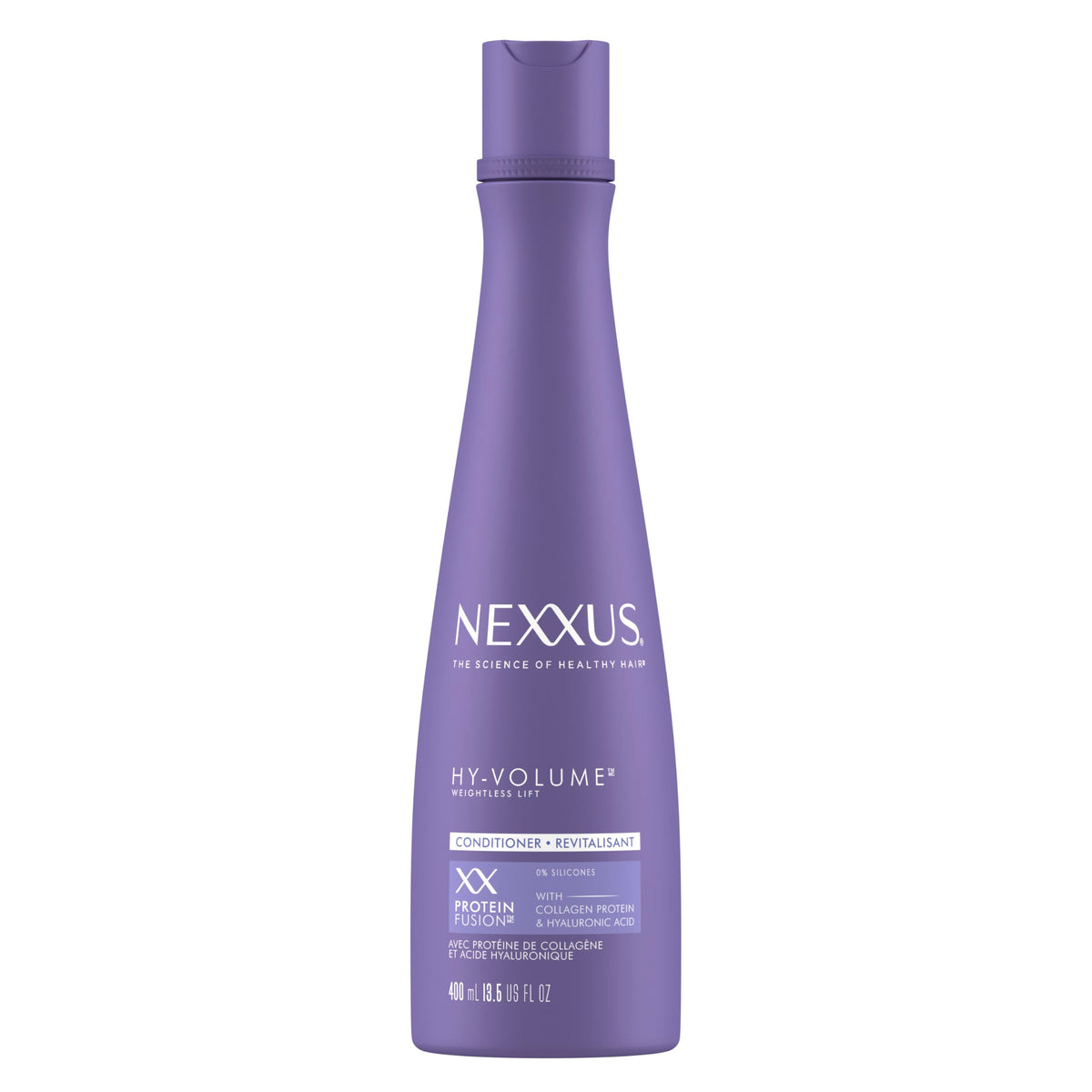 Nexxus front packaging of HY-VOLUME conditioner showing bottle and benefits