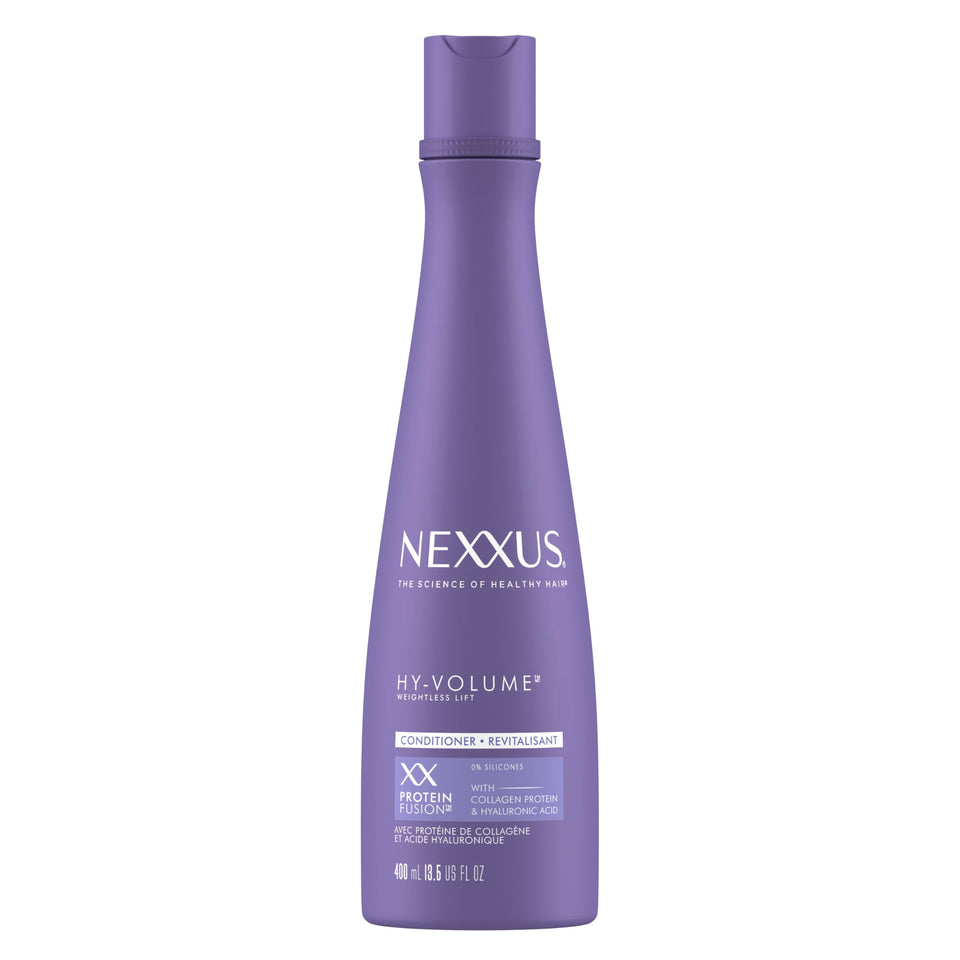 Nexxus front packaging of HY-VOLUME conditioner showing bottle and benefits