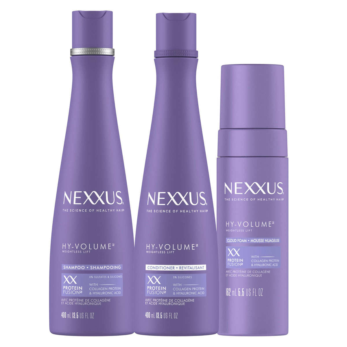 Nexxus HY-VOLUME front pack showing all three products for instant lift