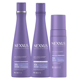Nexxus HY-VOLUME front pack showing all three products for instant lift