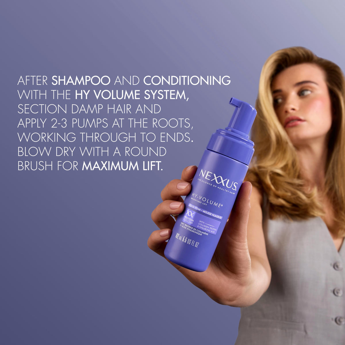 Nexxus before and after hair shot showing visibly thicker, bouncier results
