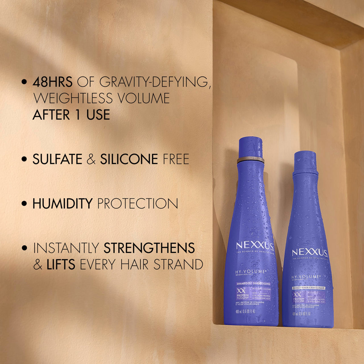 Nexxus bottle staged on vanity highlighting fresh citrus fragrance
