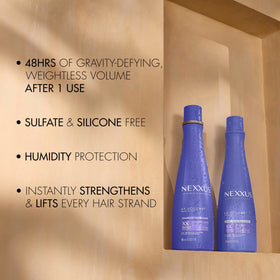 Nexxus bottle staged on vanity highlighting fresh citrus fragrance