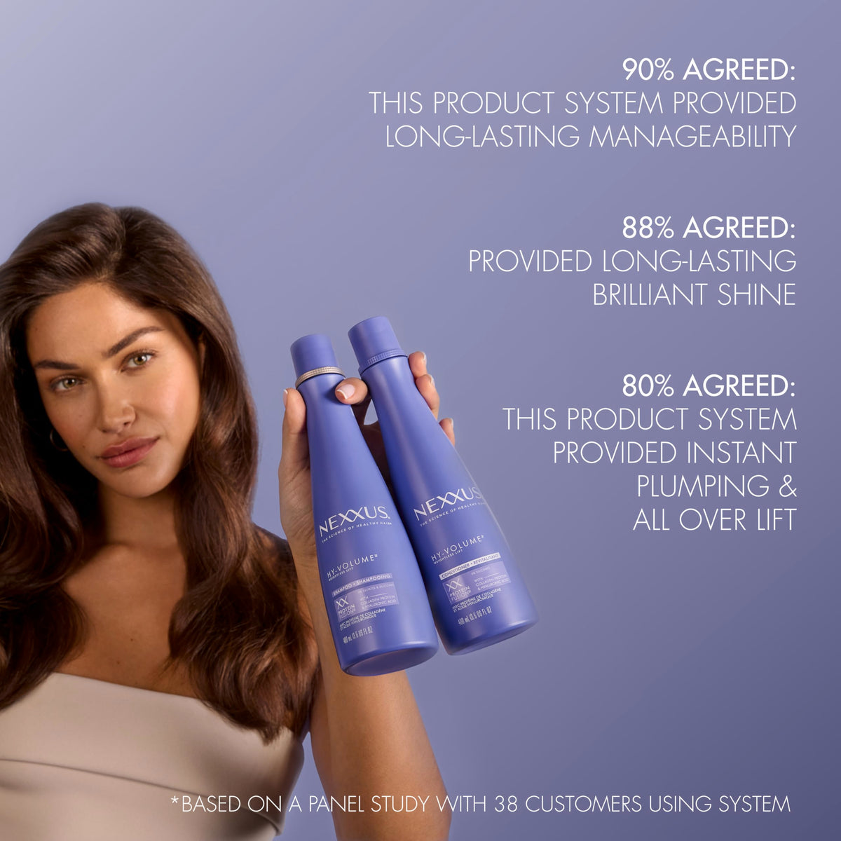 Nexxus in-shower application on wet hair illustrating how to apply for volume