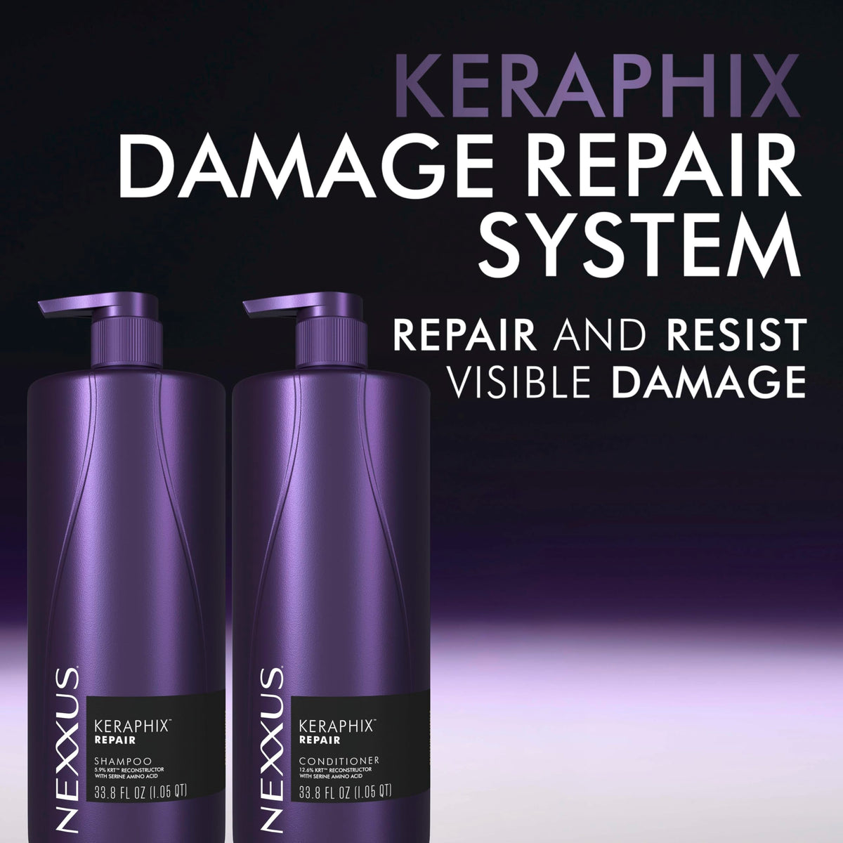 Nexxus KERAPHIX 33.8 fl oz bottle next to common items to show scale and value
