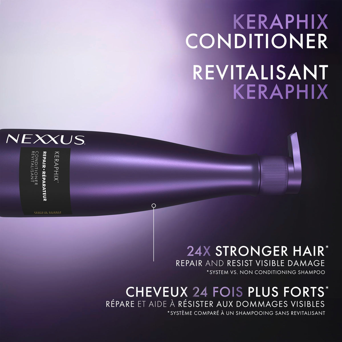 Nexxus Keraphix before and after hair comparison showing smoother, shinier strands