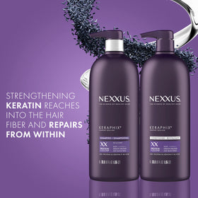Nexxus Keraphix conditioner and shampoo side by side demonstrating a complete system
