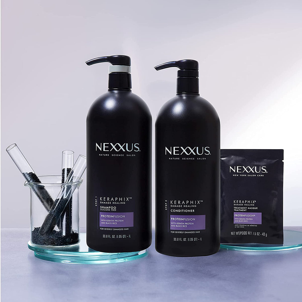 Styled bathroom shelf with Nexxus Keraphix products showing salon-quality routine