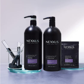 Styled bathroom shelf with Nexxus Keraphix products showing salon-quality routine