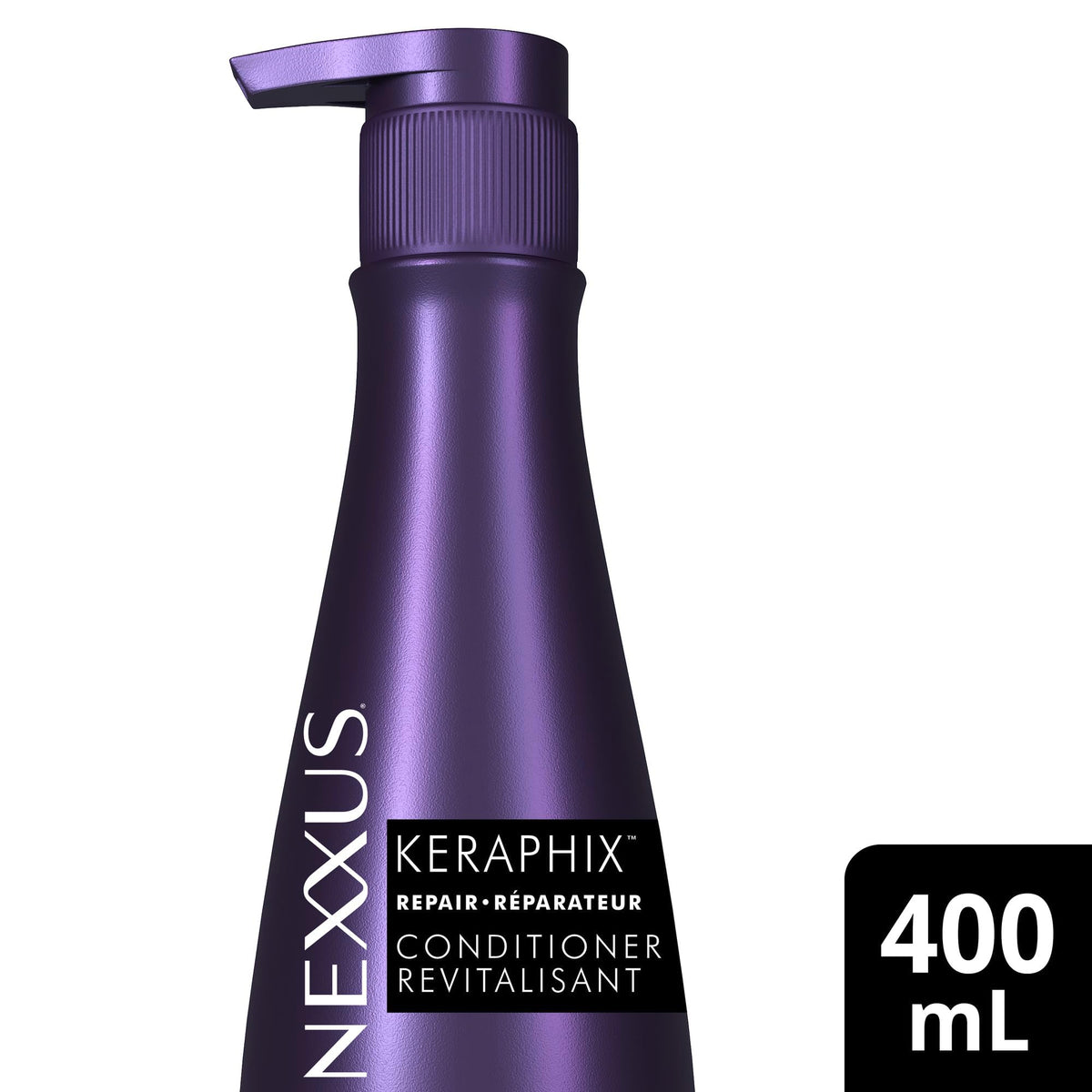 Nexxus Keraphix pump top and label close-up highlighting convenient dispensing