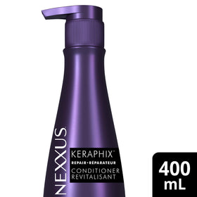 Nexxus Keraphix pump top and label close-up highlighting convenient dispensing