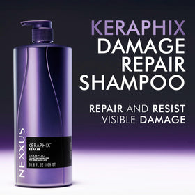 Nexxus KERAPHIX shampoo pouring to show lightweight lather and cleansing benefit