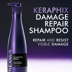 Nexxus KERAPHIX 13.5 fl oz next to hand for size and scale reference