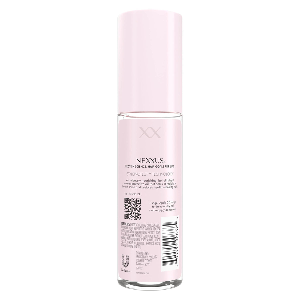 Nexxus pump dispenser with an oil drop highlighting easy dosing benefit