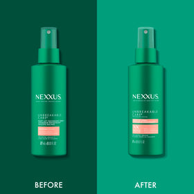 Applying Nexxus spray to damp hair to increase root lift