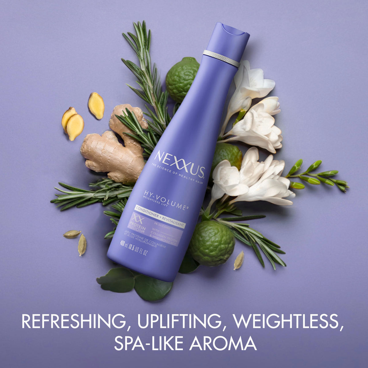 Nexxus bottle next to common items for size comparison and 13.5 fl oz clarity
