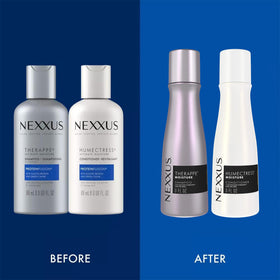 Hand holding Nexxus 3 oz bottles to show compact travel-friendly scale