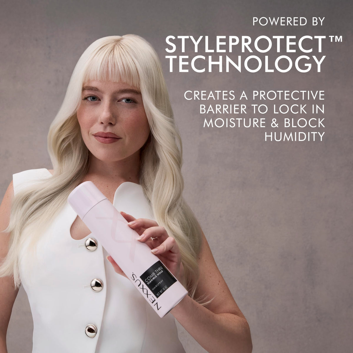 Nexxus on styled hair in a lifestyle scene demonstrating frizz-free finish