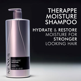 Nexxus Therappe before and after hair swipe showing reduced frizz and softer strands