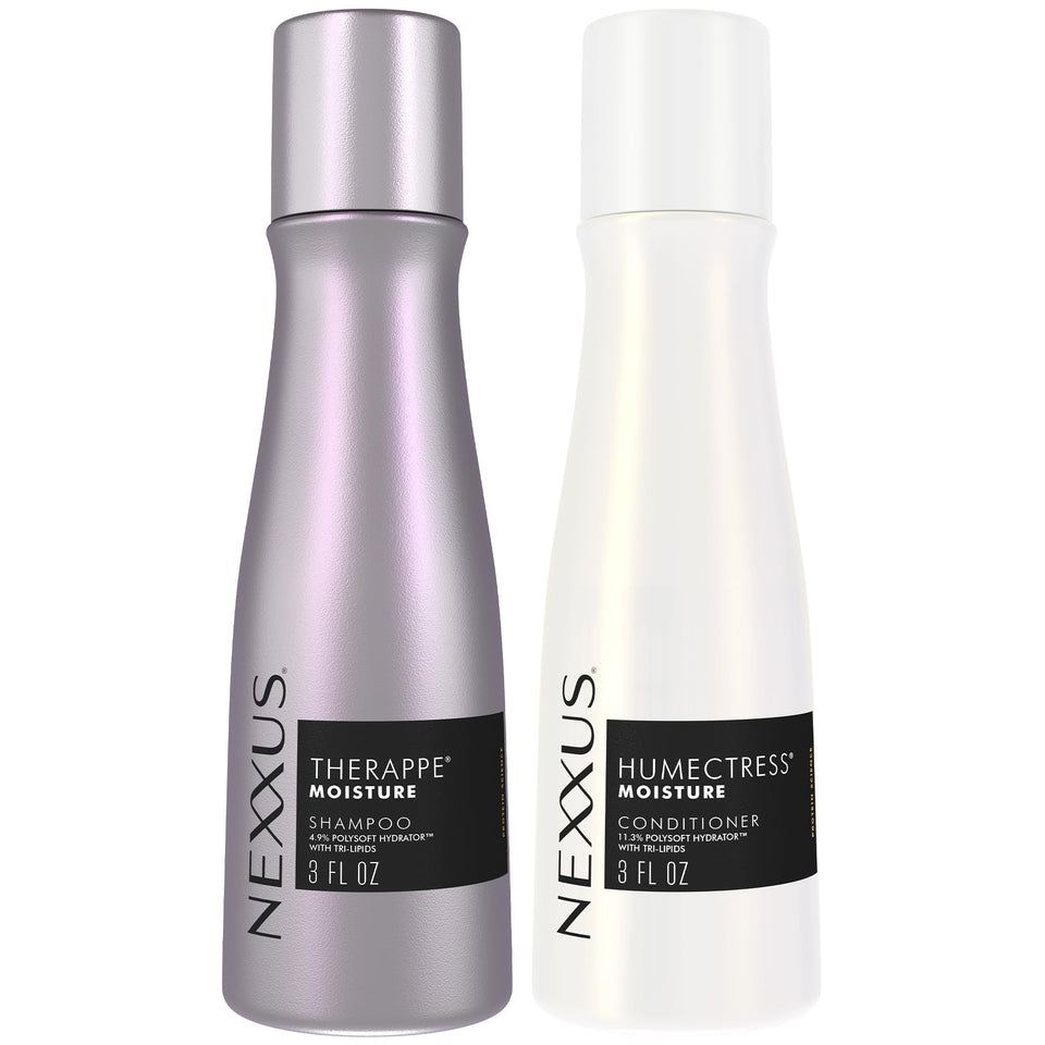 Nexxus front packaging showing travel-size shampoo and conditioner benefits