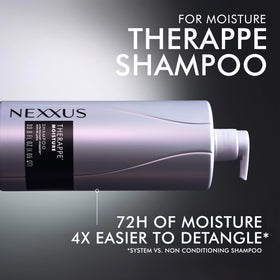 Nexxus Therappe bottle in hand for scale illustrating large salon-size value