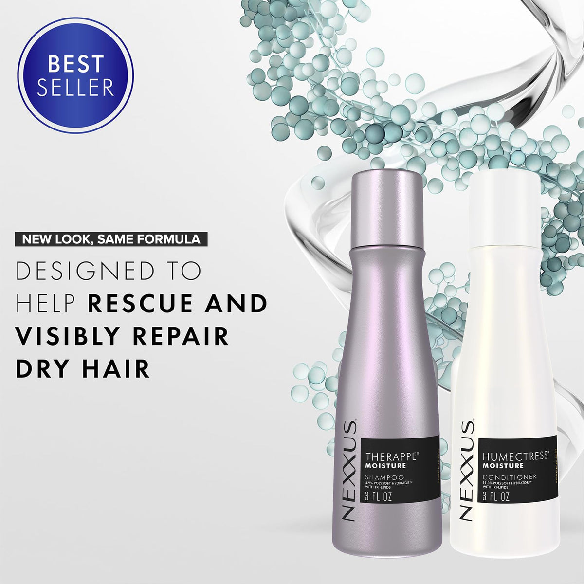 Travel bathroom scene with Nexxus duo delivering salon moisture on the go