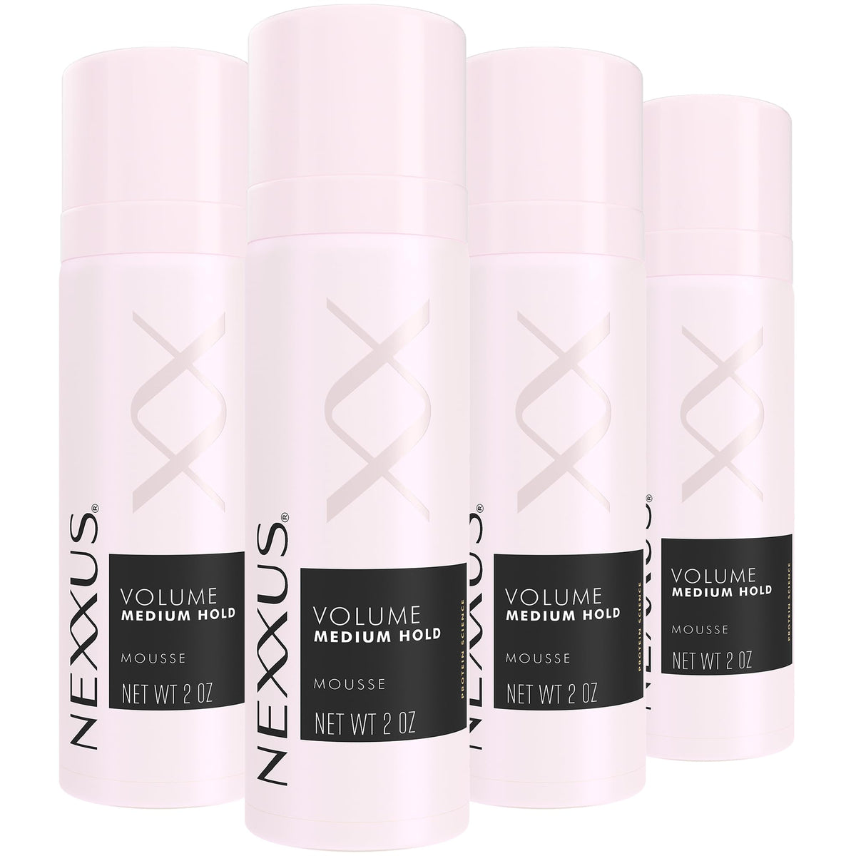 Nexxus travel mousse front pack showing four 2 oz cans and compact benefits