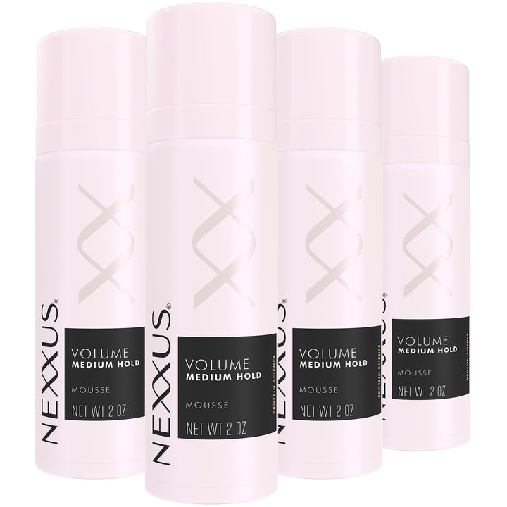 Nexxus travel mousse front pack showing four 2 oz cans and compact benefits