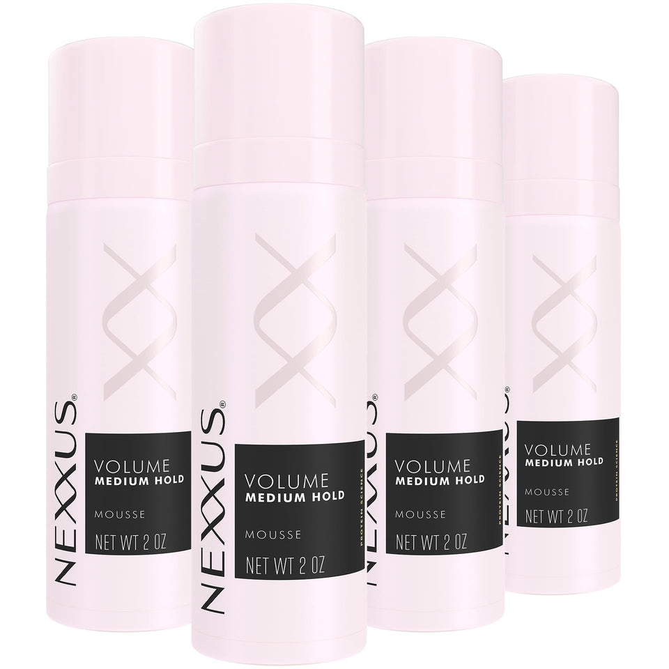 Nexxus travel mousse front pack showing four 2 oz cans and compact benefits