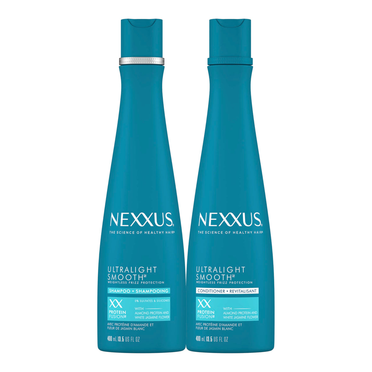 Nexxus front packaging showing duo and clear product benefits