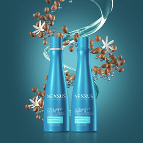 Nexxus serum with before and after hair demonstrating reduced frizz
