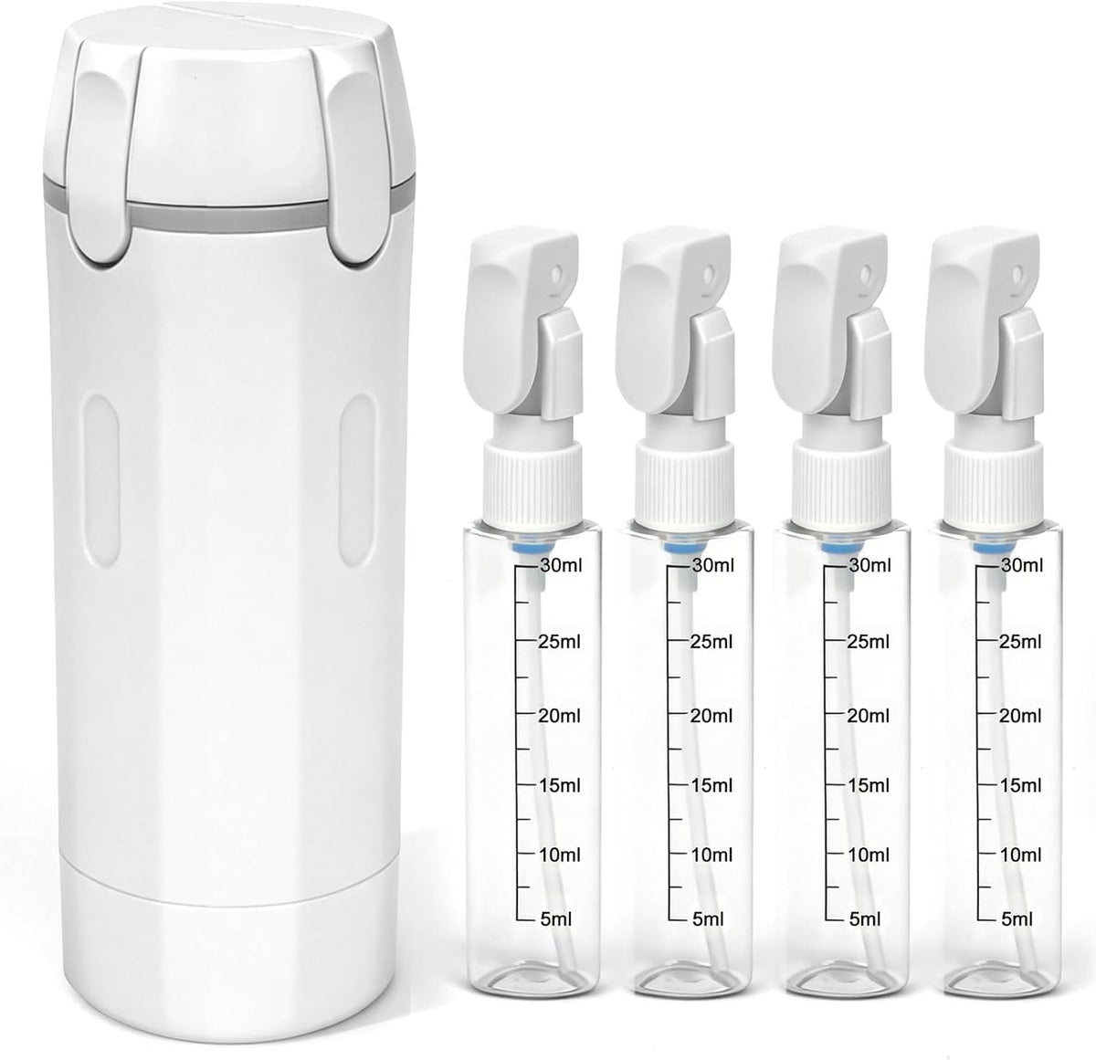 NFOVSMO front view of 4-in-1 dispenser showing four white bottles and caps, tidy packing benefit