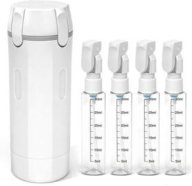 NFOVSMO front view of 4-in-1 dispenser showing four white bottles and caps, tidy packing benefit
