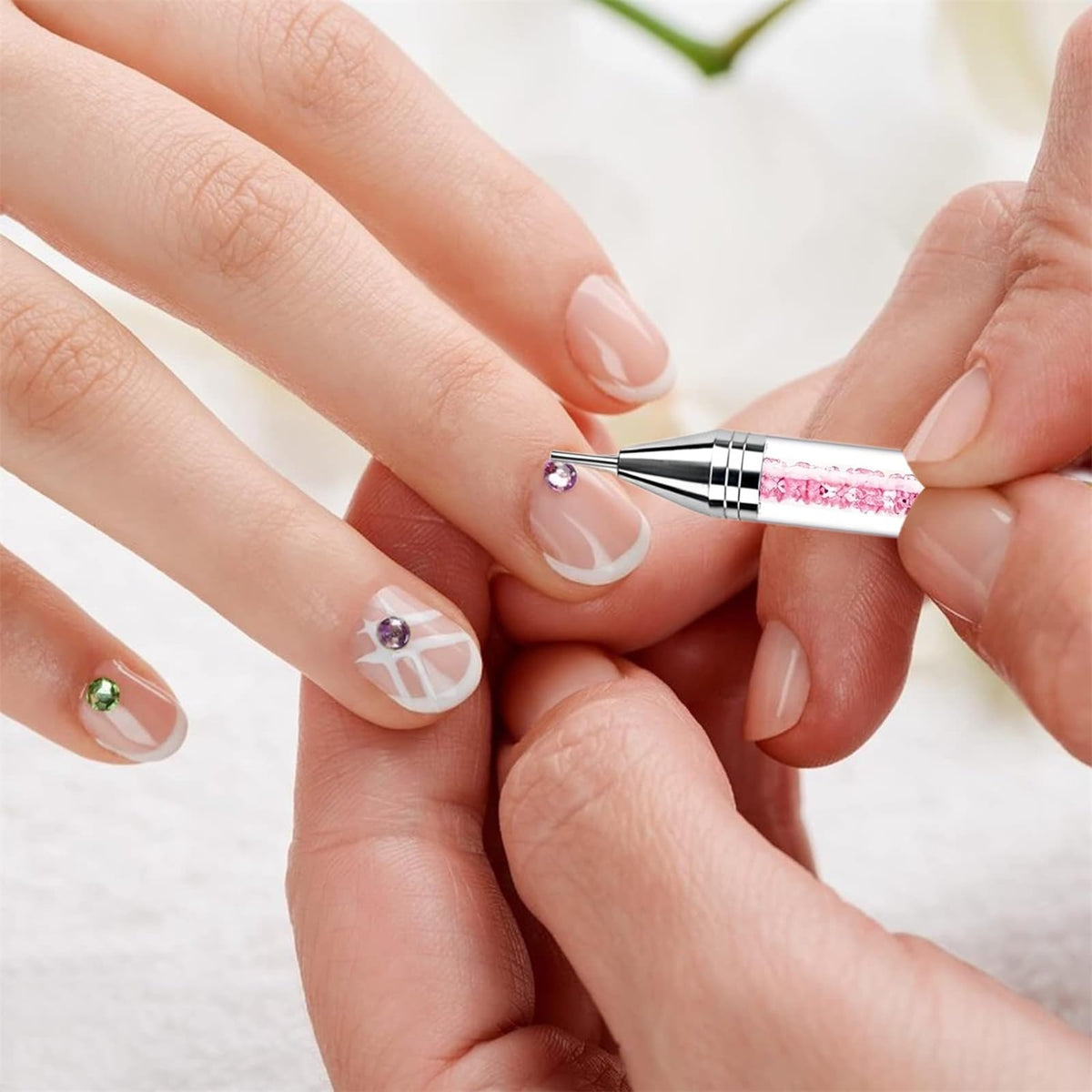 NFRBTD in-use on nails demonstrating accurate placement of crystals