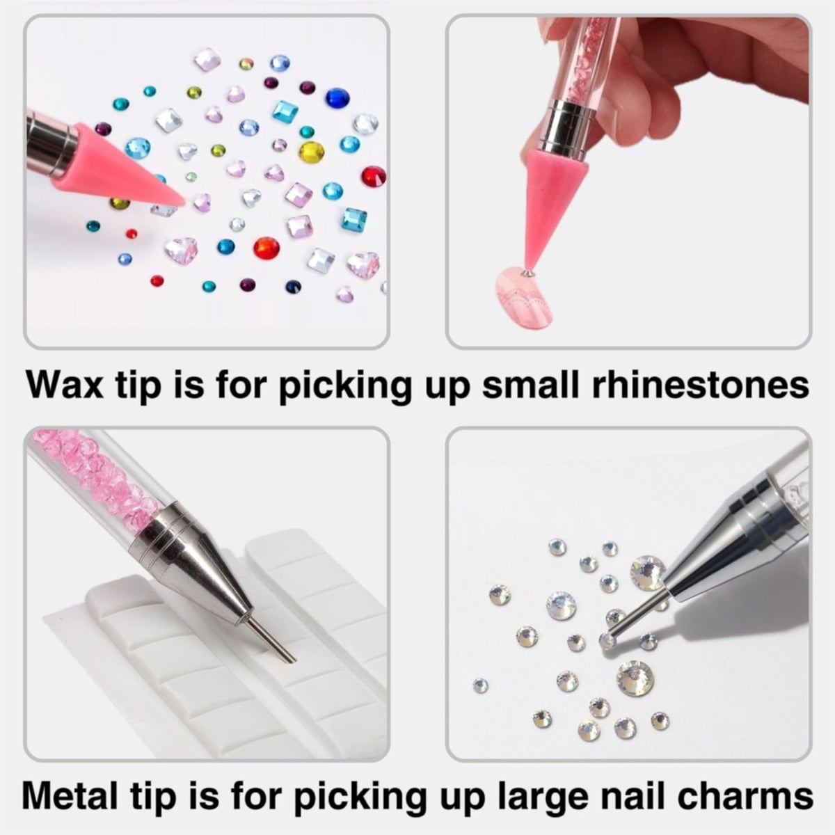NFRBTD metal tip pressing a large rhinestone for accurate placement benefit