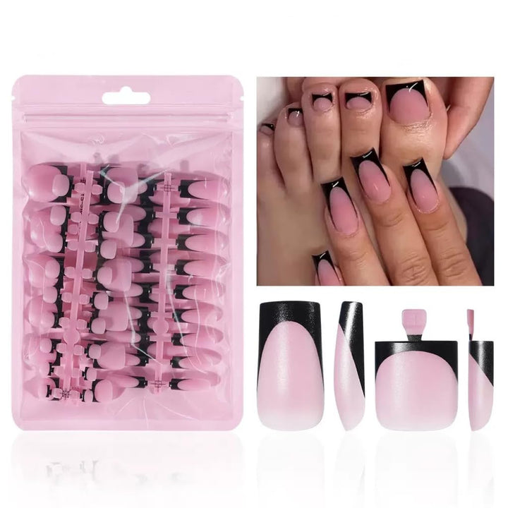 NHIXK front packaging showing 60-piece black French press-on nails, clear benefit quick styling