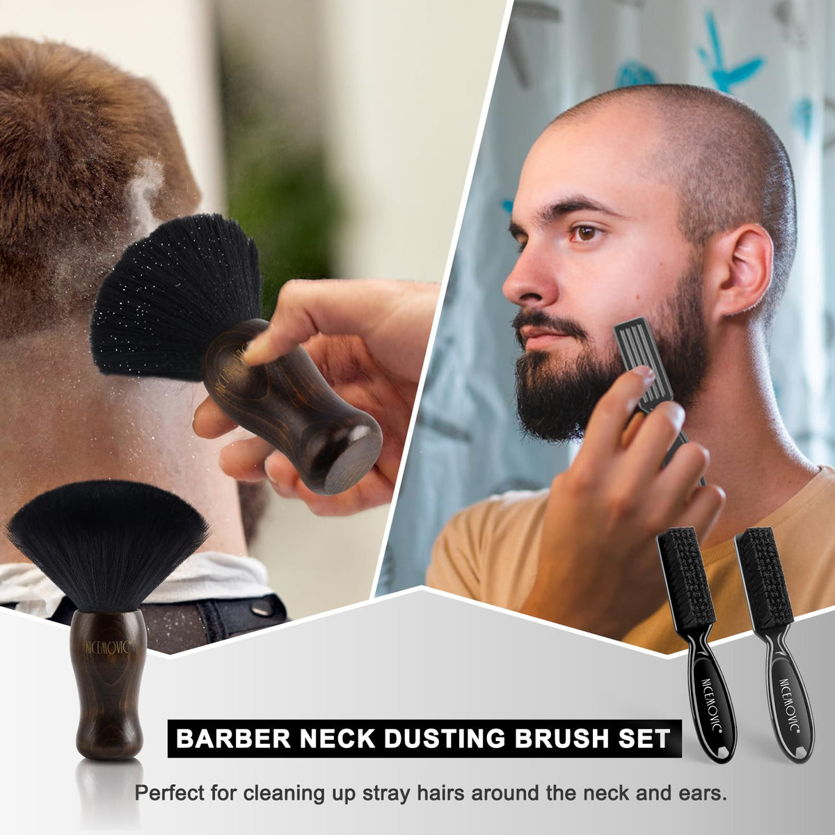 NICEMOVIC brush in use on a client's neck demonstrating quick removal of loose hair after a haircut