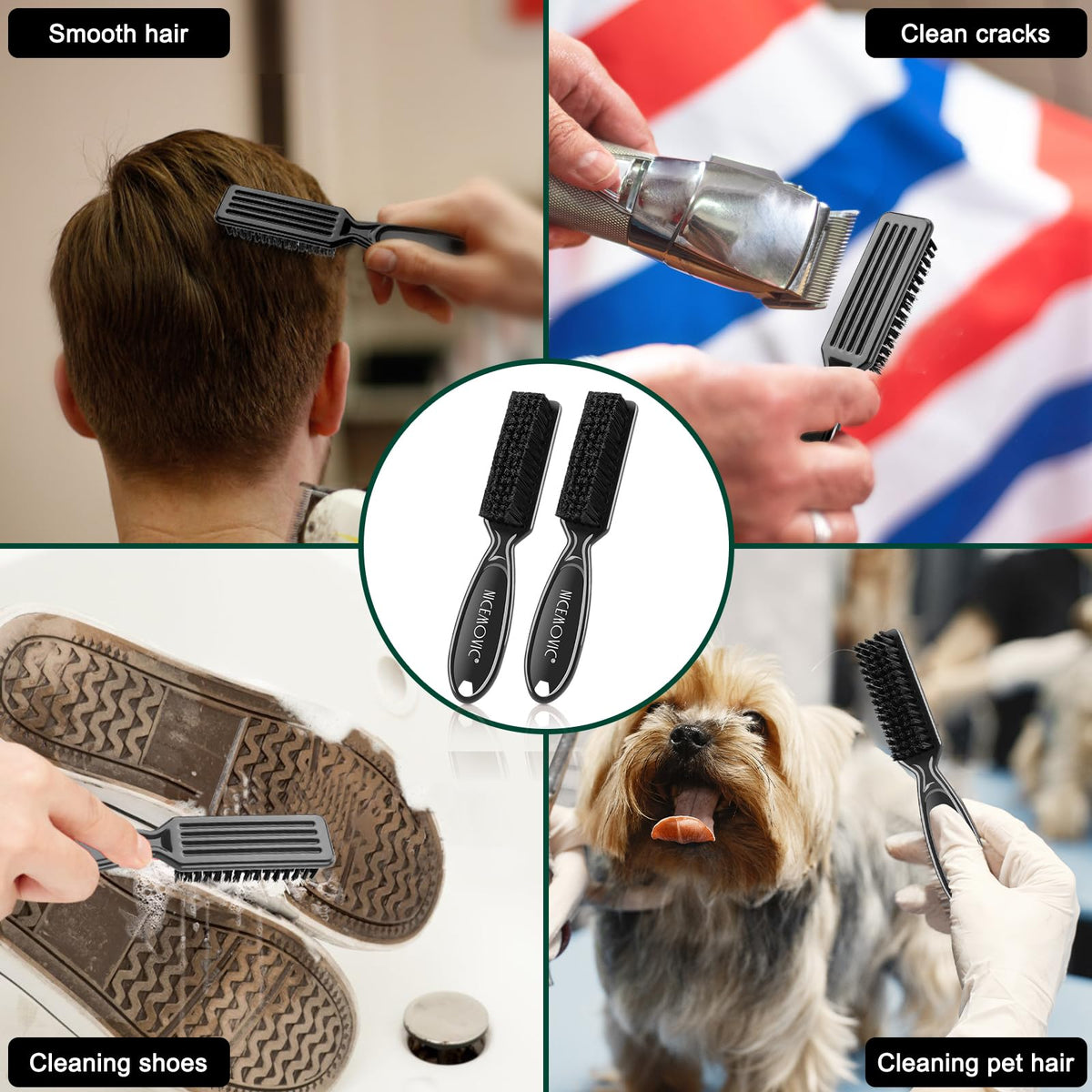 NICEMOVIC cleaning a clipper blade with a small brush to remove fine hairs and debris for maintenance