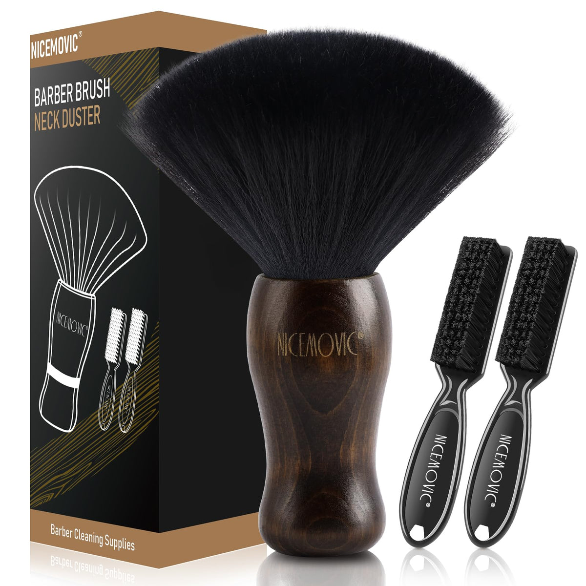 NICEMOVIC front view of 3-in-1 brush set showing compact packaging and wooden handles for easy storage
