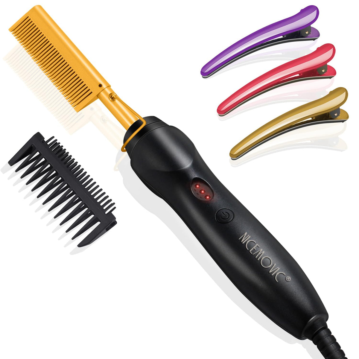 NICEMOVIC front view of gold heated comb showing sleek design and one-minute benefit