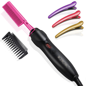 NICEMOVIC front view of pink heated comb showing compact design and controls for travel convenience