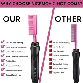 NICEMOVIC heated comb held in hand to show compact size and portability benefit