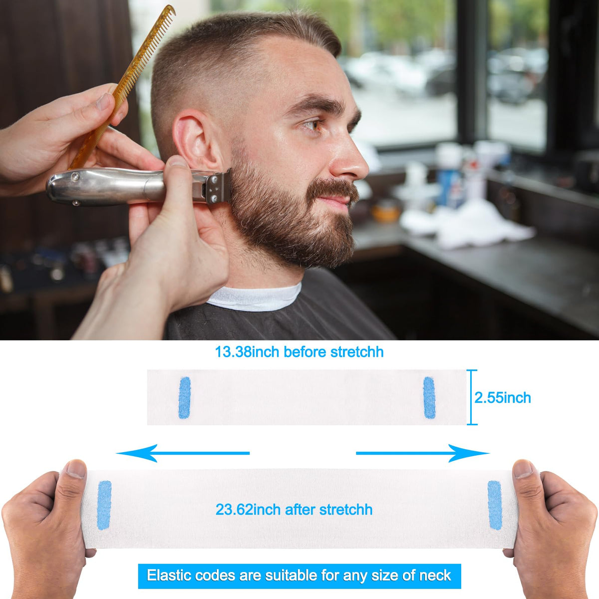 NICEMOVIC neck strip stretched on client during haircut demonstrating cleanliness benefit