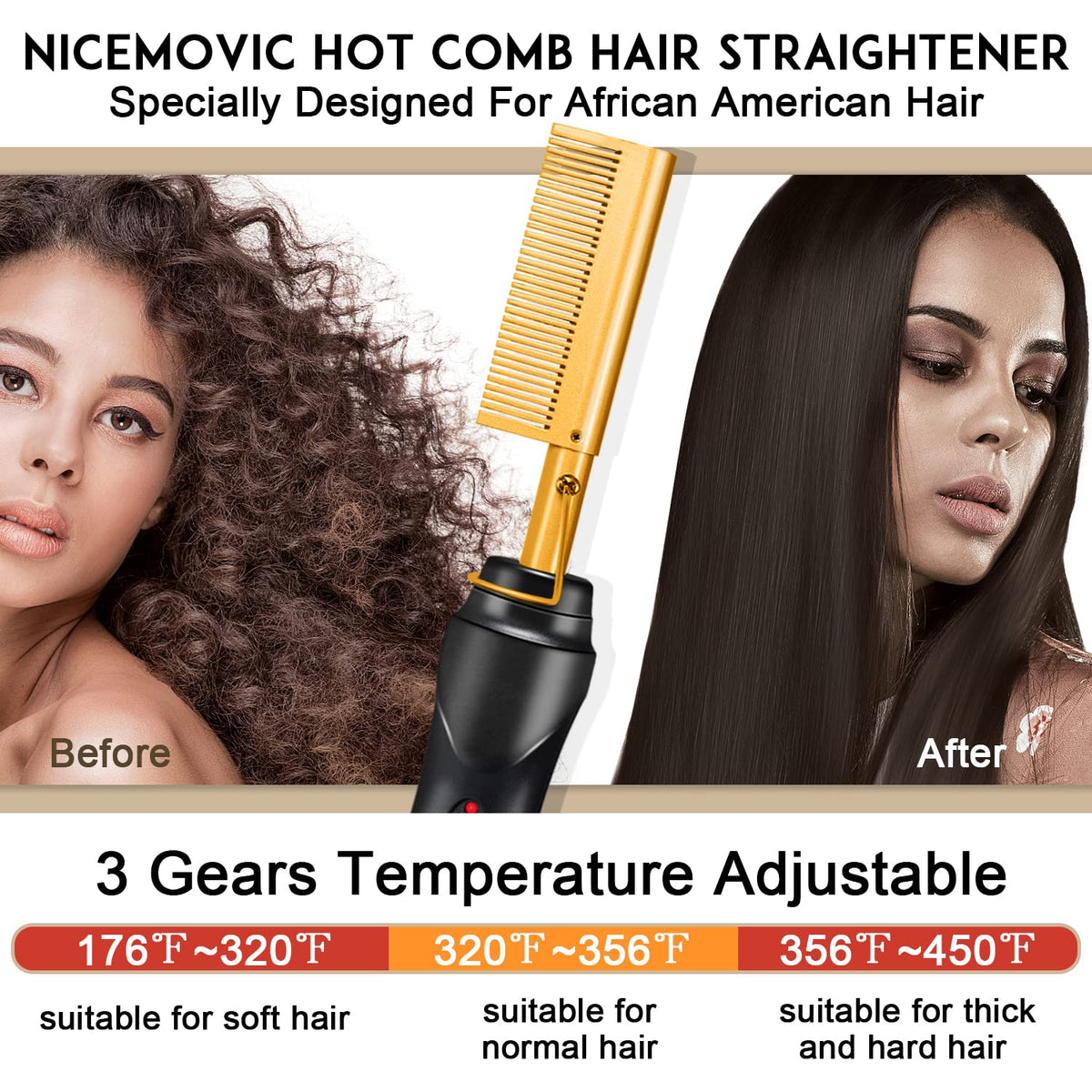 NICEMOVIC detail of temperature controls showing three heat levels for diverse hair types
