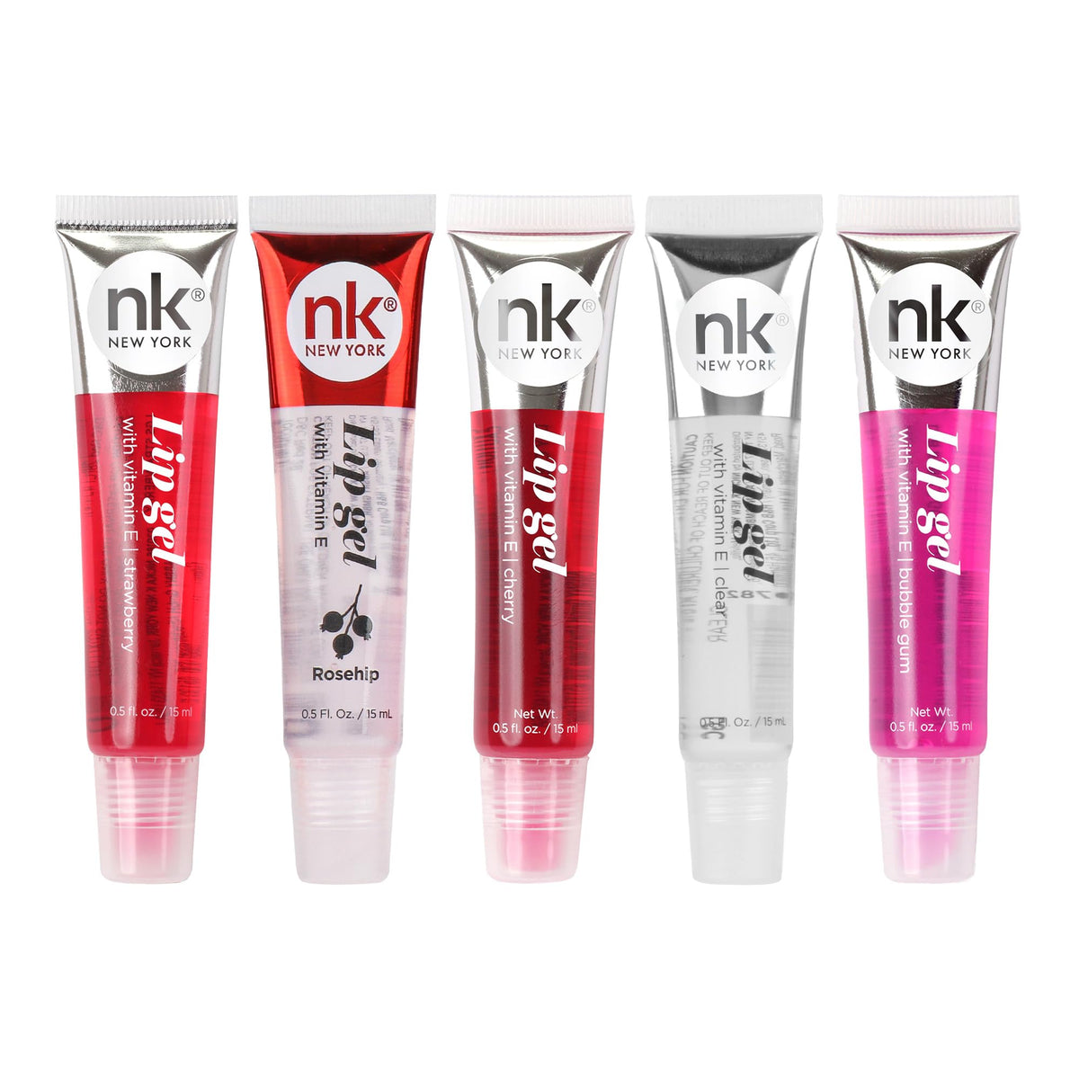 NICKA K NEW YORK front view of five hydrating lip gels showing shades and vitamin E benefit