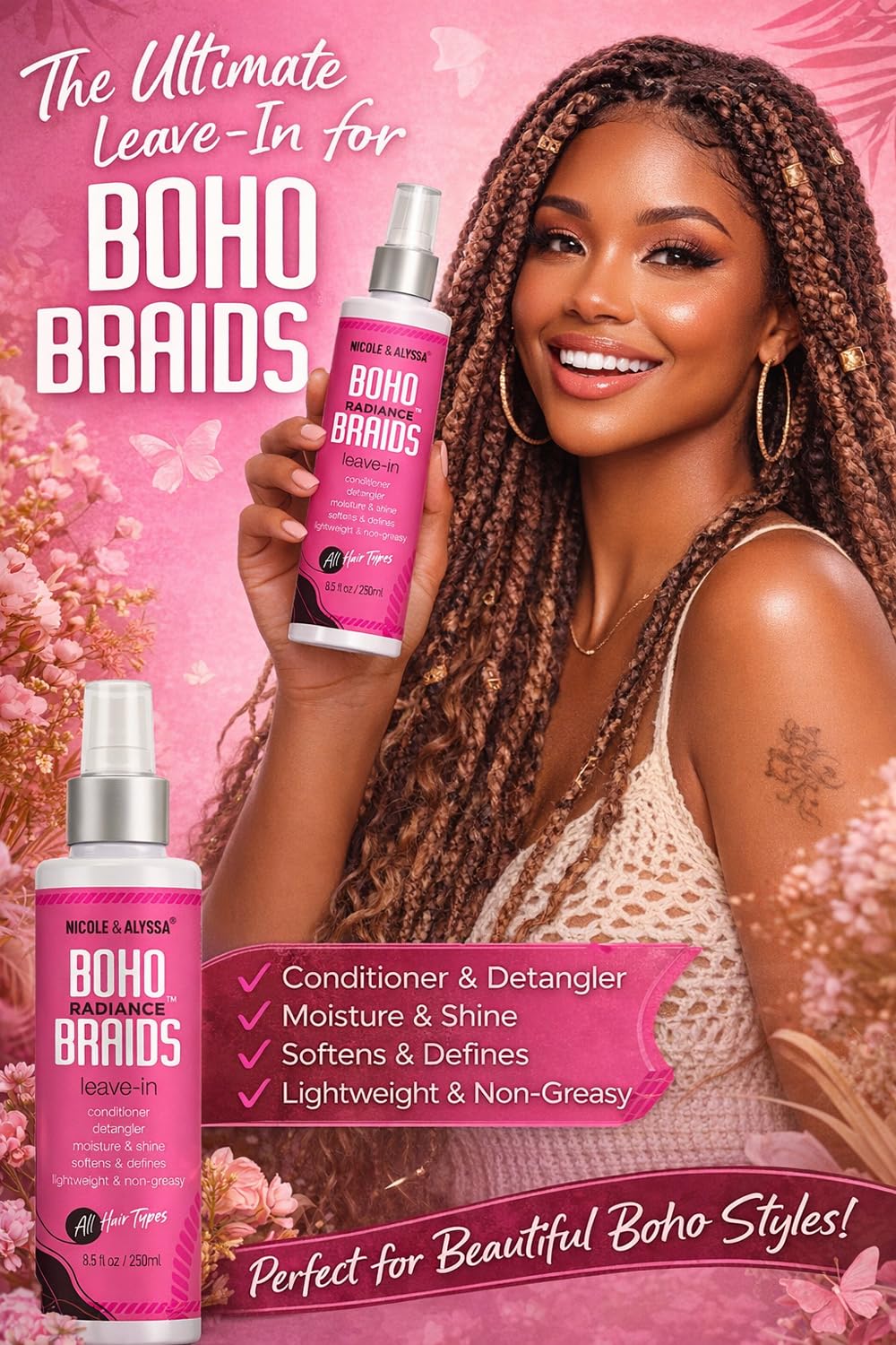 Nicole & Alyssa on boho braids close detail showing reduced frizz and added shine benefit