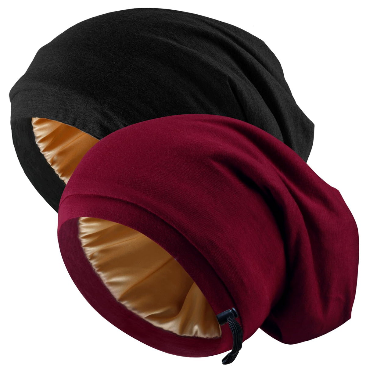 NICPOO bonnet front view showing black and red pair and neat packaging benefit: easy choice